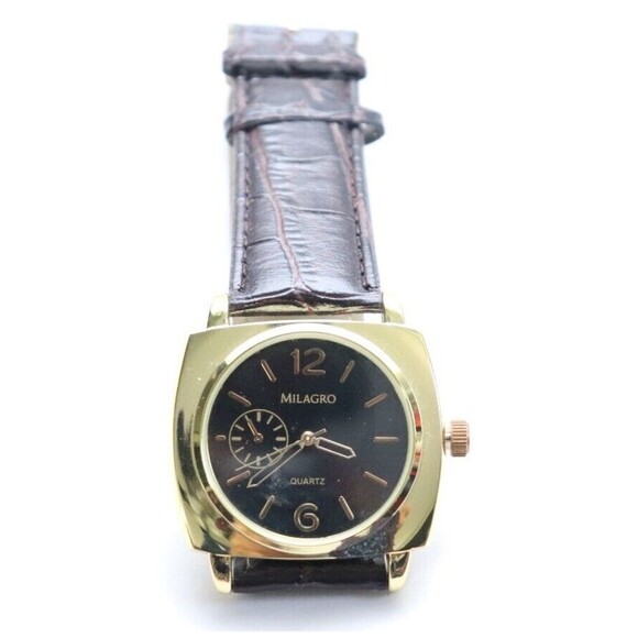 Milagro Watch Mens Brown Genuine Leather Black Round Face Gold Tone‎ Untested - Picture 1 of 4